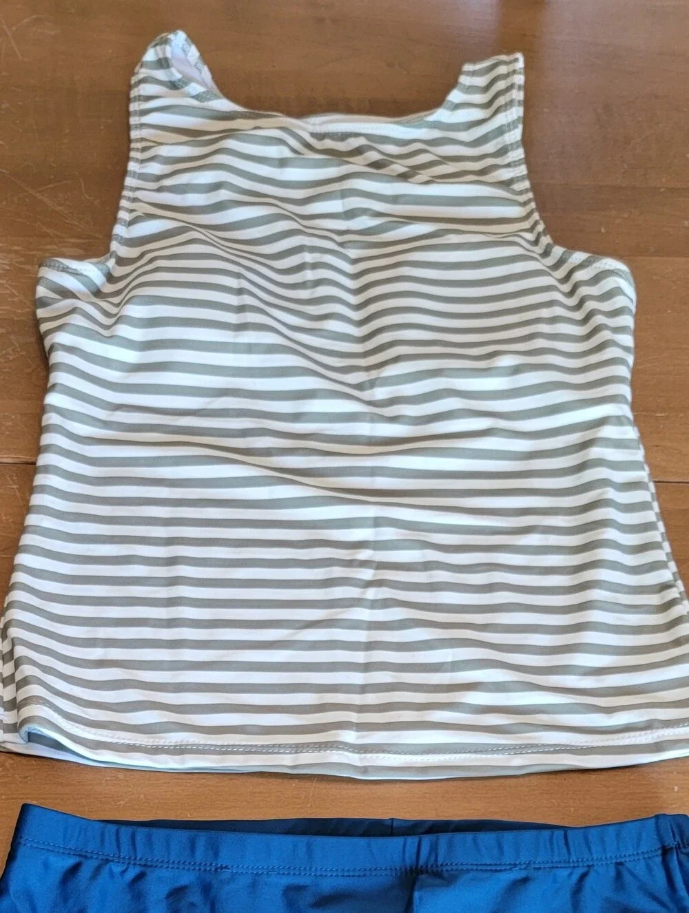 Striped Olive Green Tankini Top and Navy Swim Shorts Bikini Set Sz M NWT - Picture 9 of 9